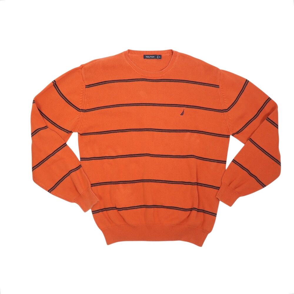 Vintage 90s Nautica Orange and Navy Blue Stripe Cotton Sweater Mens XL